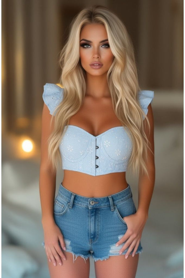Daisy Corsets Lavish Lt Blue Eyelet Underwire Bustier Top w/Removable Ruffle Sleeves