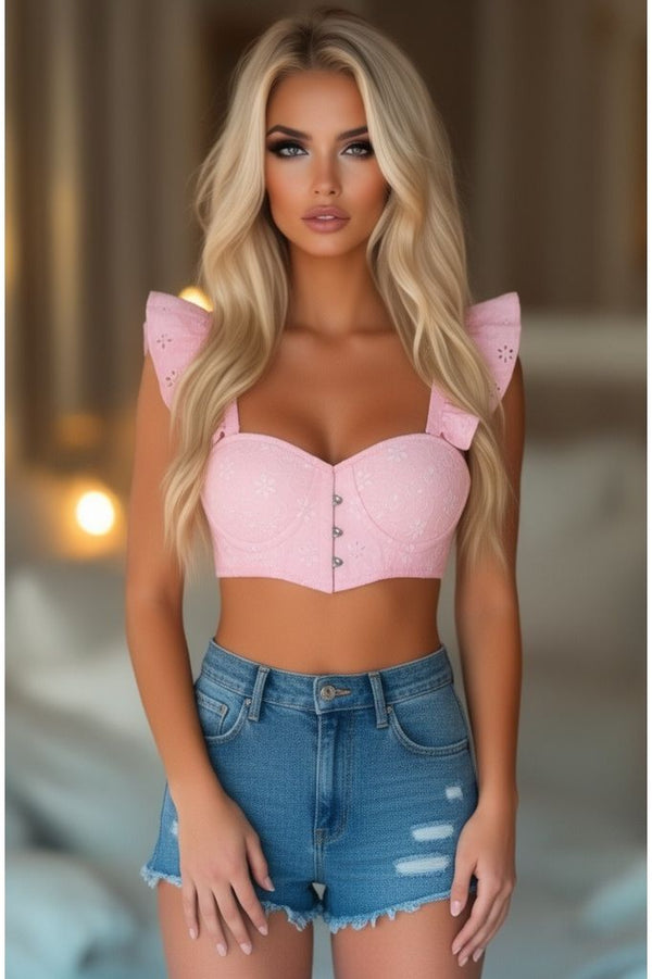Daisy Corsets Lavish Lt Pink Eyelet Underwire Bustier Top w/Removable Ruffle Sleeves