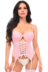 Lavish Lt Pink Lycra & Lace Hook & Eye Lace - Up Bustier Corset w/Garters - Daisy Corsets