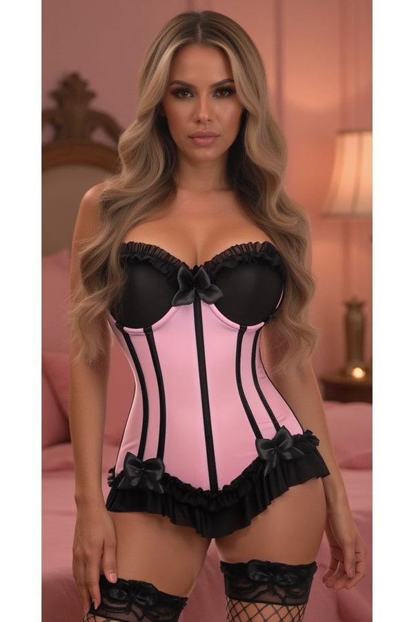 Daisy Corsets Lavish Lt Pink w/Black Lycra Hook & Eye Stretch Bustier Corset