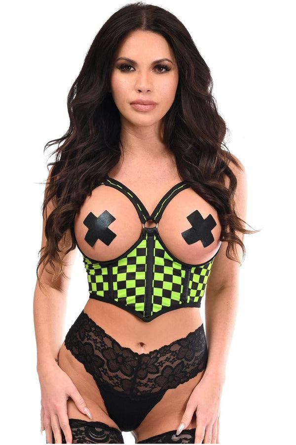 Daisy Corsets Lavish Neon Green Checker Underwire Open Cup Lycra Cincher w/Criss Cross Back