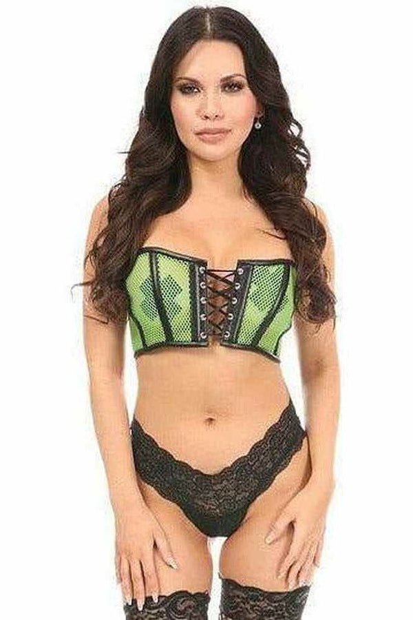 Daisy Corsets Lavish Neon Green Fishnet & Faux Leather Lace-Up Short Bustier Top