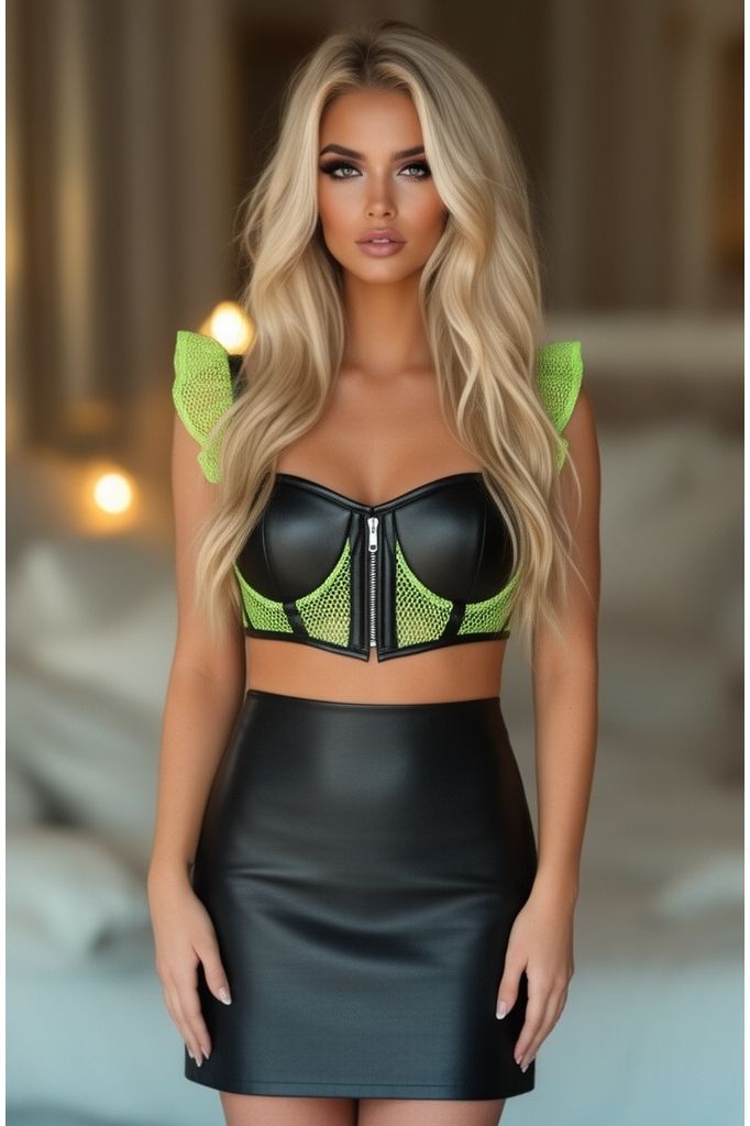 Daisy Corsets Lavish Neon Green Fishnet & Faux Leather Underwire Bustier Top w/Removable Ruffle Sleeves