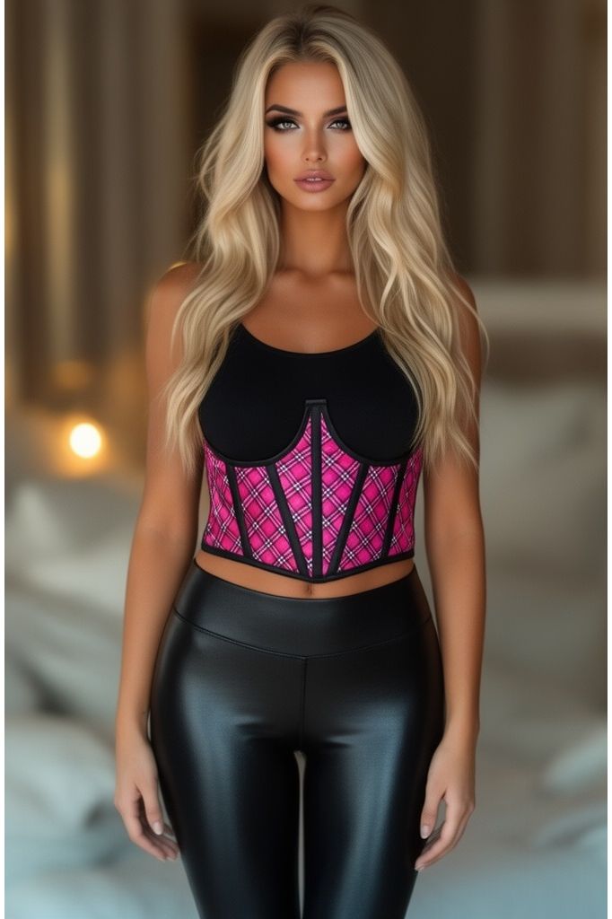 Daisy Corsets Lavish Pink Plaid Satin Open Cup Waist Cincher