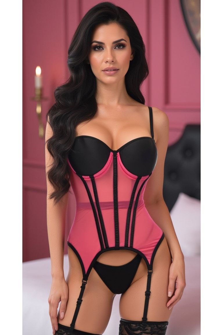 Daisy Corsets Lavish Pink/Black Mesh Underwire Bustier Corset w/Garters