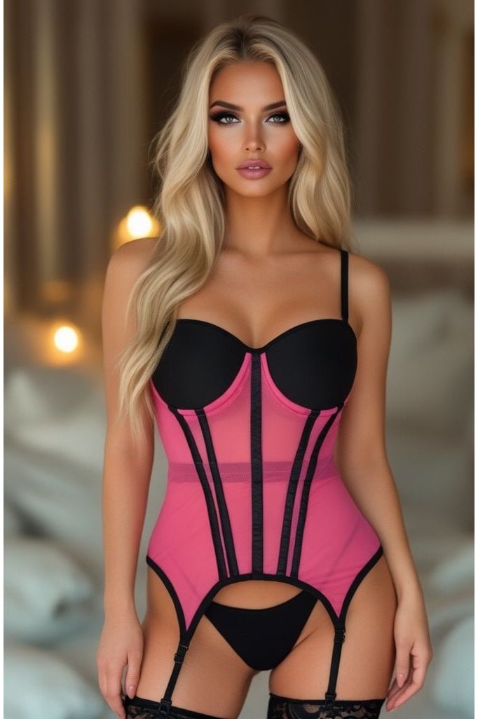 Daisy Corsets Lavish Pink/Black Mesh Underwire Bustier Corset w/Garters