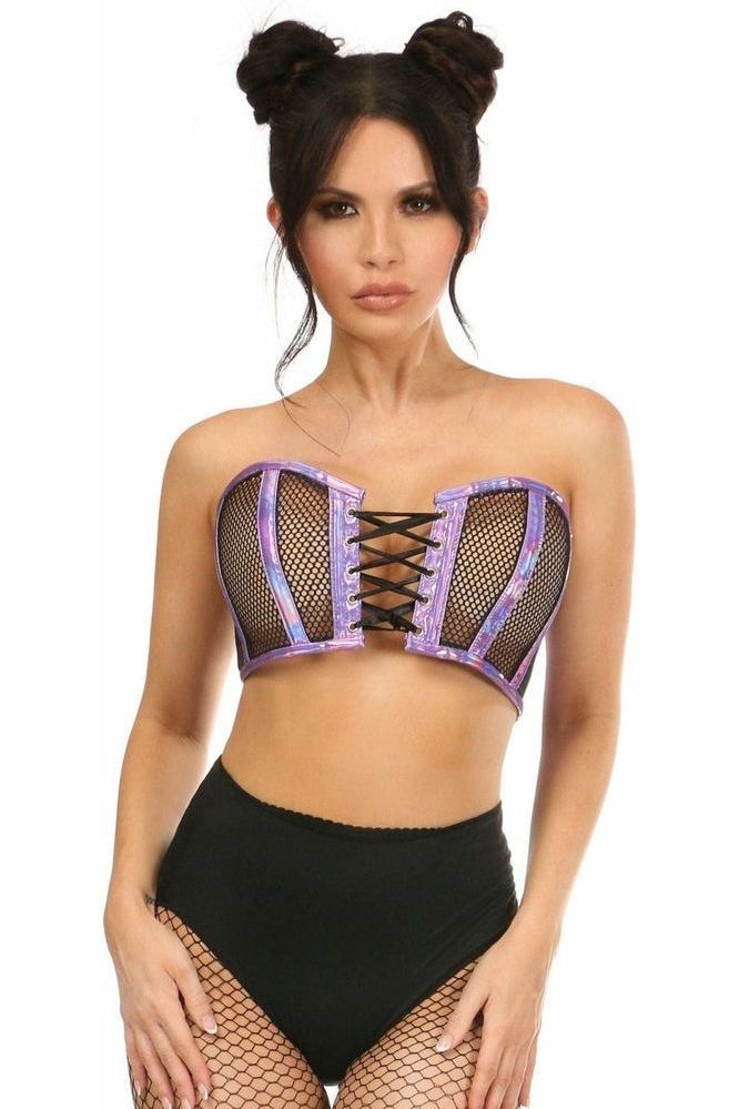 Daisy Corsets Lavish Purple Holo & Fishnet Lace-Up Short Bustier Top