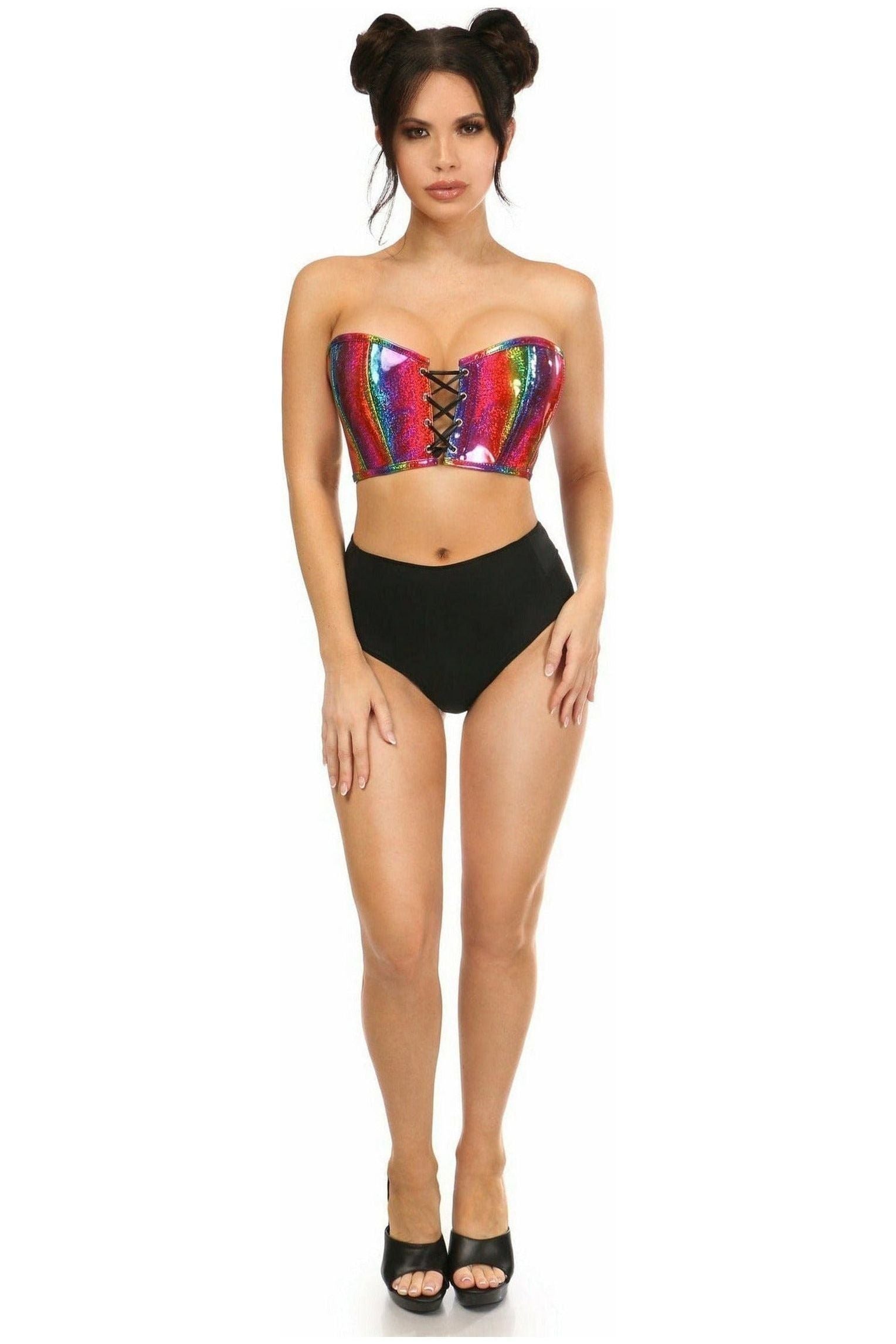 Lavish Rainbow Glitter PVC Lace - Up Bustier Top - Daisy Corsets