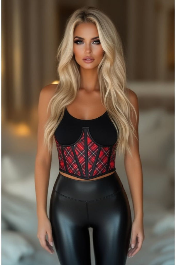 Daisy Corsets Lavish Red Plaid Satin Open Cup Waist Cincher
