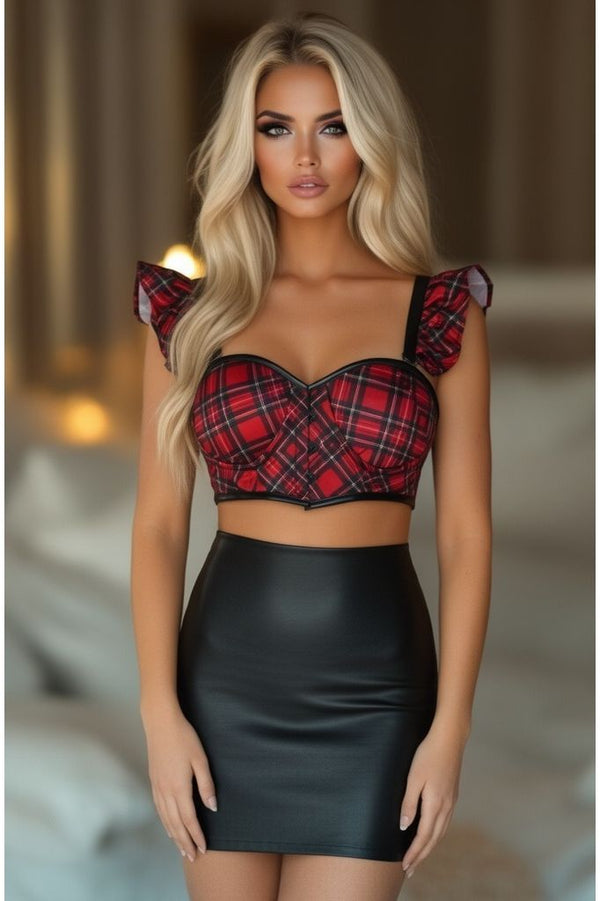 Daisy Corsets Lavish Red Plaid Underwire Bustier Top w/Removable Ruffle Sleeves LV-1228