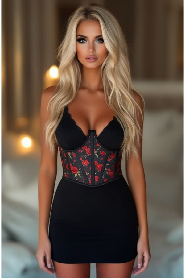 Daisy Corsets Lavish Red Roses Satin Open Cup Waist Cincher