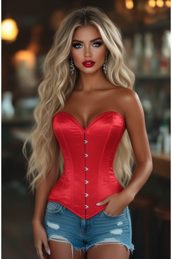 Daisy Corsets Lavish Red Satin Overbust Corset Sweetheart Neckline Busk Closure