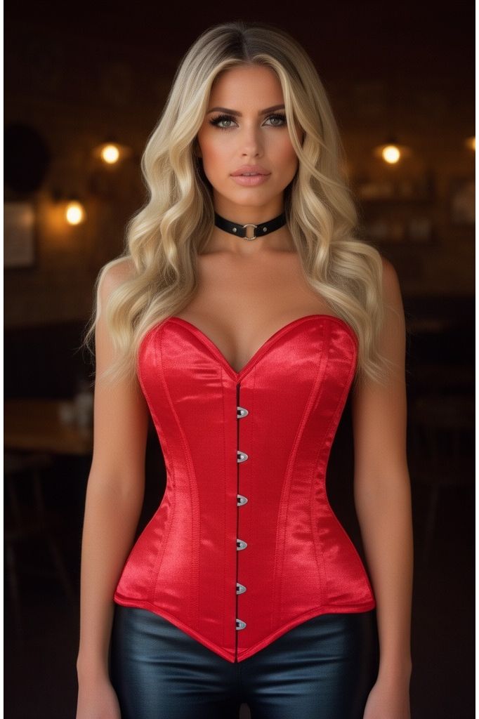 Daisy Corsets Lavish Red Satin Overbust Corset Sweetheart Neckline Busk Closure