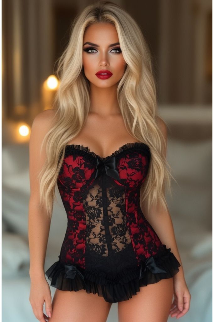 Daisy Corsets Lavish Red w/Black Lace & Lycra Hook & Eye Stretch Bustier Corset