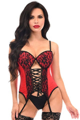 Lavish Red/Black Lycra & Lace Hook & Eye Lace - Up Bustier Corset w/Garters - Daisy Corsets
