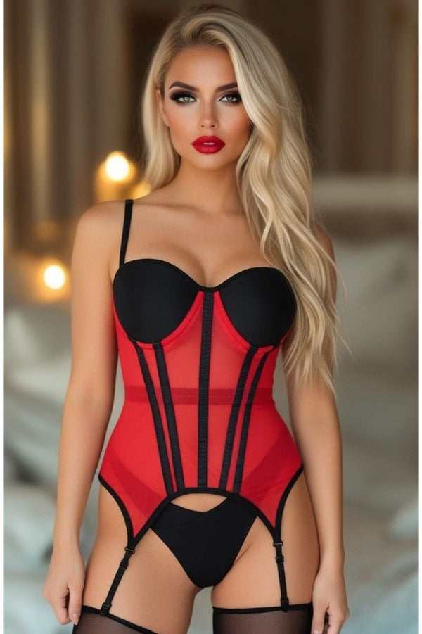 Daisy Corsets Lavish Red/Black Mesh Underwire Bustier Corset w/Garters