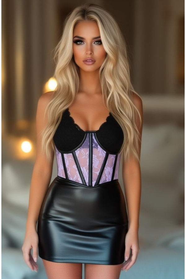 Daisy Corsets Lavish Sheer Lavender Lace & Faux Leather Open Cup Waist Cincher