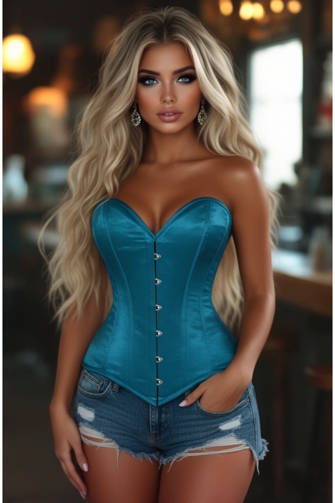 Daisy Corsets Lavish Teal Satin Overbust Corset Sweetheart Neckline Busk Closure