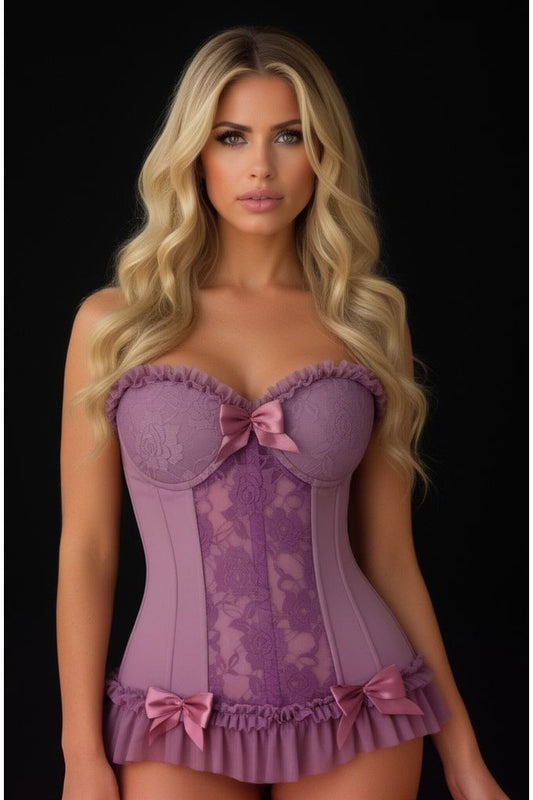 Lavish Vintage Lavender Lycra & Lace Hook & Eye Stretch Bustier Corset - Daisy Corsets