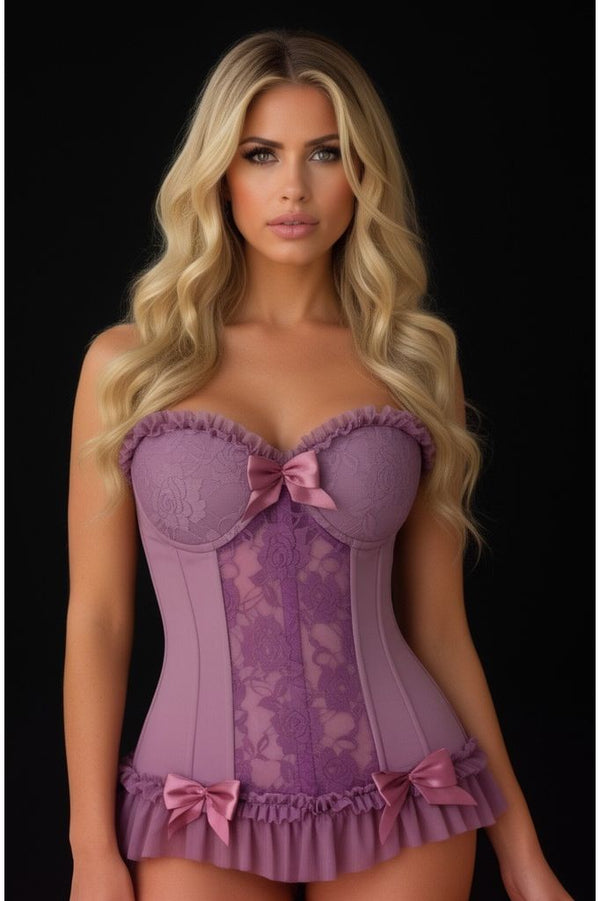 Lavish Vintage Lavender Lycra & Lace Hook & Eye Stretch Bustier Corset - Daisy Corsets