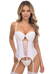 Daisy Corsets Lavish White Lycra & Lace Hook & Eye Lace-Up Bustier Corset w/Garters