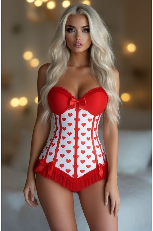 Daisy Corsets Lavish White & Red Hearts Lycra Hook & Eye Back Closure Bustier