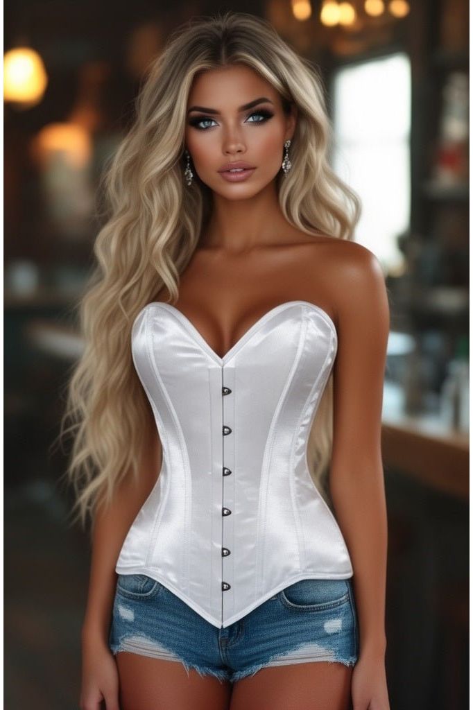 Daisy Corsets Lavish White Satin Overbust Corset Sweetheart Neckline Busk Closure
