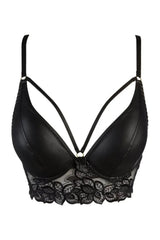 Axami Licorice longline bra: black latex, glossy lace on soft tulle, underwire cups, adjustable straps.