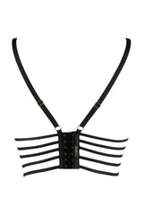 Axami Licorice longline bra, black latex base with adjustable straps and hook-and-eye closure.