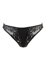 Axami Licorice thong: black latex base with glossy lace on soft tulle, designed for phenomenal comfort and fit.