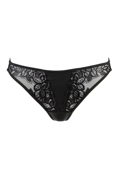 Axami Licorice thong: black latex base with glossy lace on soft tulle, designed for phenomenal comfort and fit.