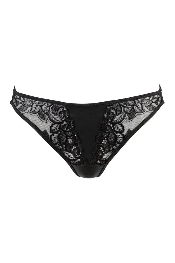 Axami Licorice thong: black latex base with glossy lace on soft tulle, designed for phenomenal comfort and fit.