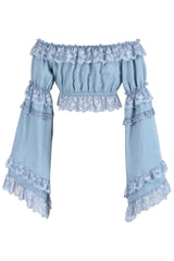 Daisy Corsets Light Blue Denim Smocked Flare Sleeve Peasant Top