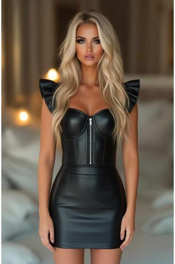 Daisy Corsets LIMITED EDITION Lavish Black Faux Leather Bustier Top w/Ruffle Sleeves