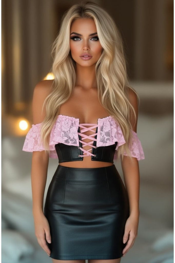 Daisy Corsets LIMITED EDITION Lavish Lt Pink Lace & Faux Leather Bustier Top