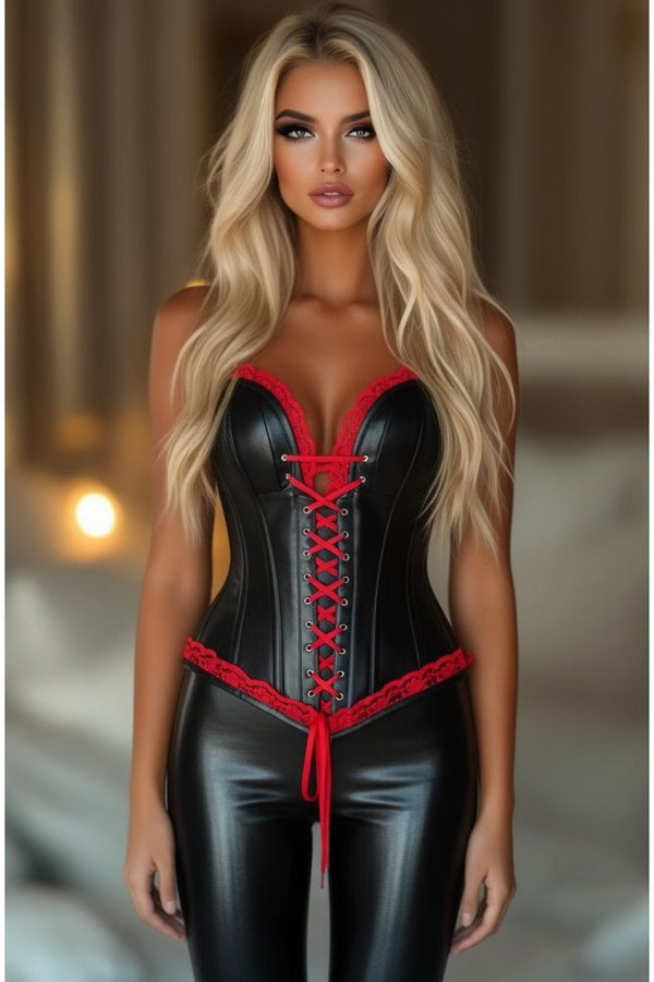 Daisy Corsets LIMITED EDITION Top Drawer Black Faux Leather & Red Lace Trim Steel Boned Corset