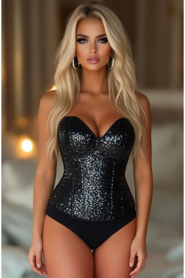 Daisy Corsets LIMITED EDITION Top Drawer Black Sequin Steel Boned Corset