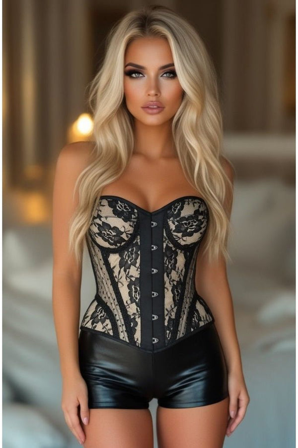 Daisy Corsets LIMITED EDITION Top Drawer Nude w/Black Lace Steel Boned Underwire Bustier Corset
