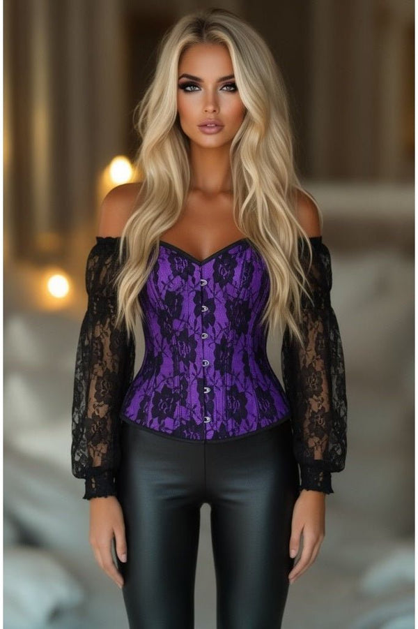 Daisy Corsets LIMITED EDITION Top Drawer Purple w/Black Lace Steel Boned Long Sleeve Corset