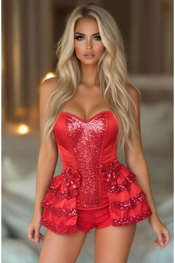 Daisy Corsets LIMITED EDITION Top Drawer Red Satin & Sequin Steel Boned Corset w/Removable Snap Skirt