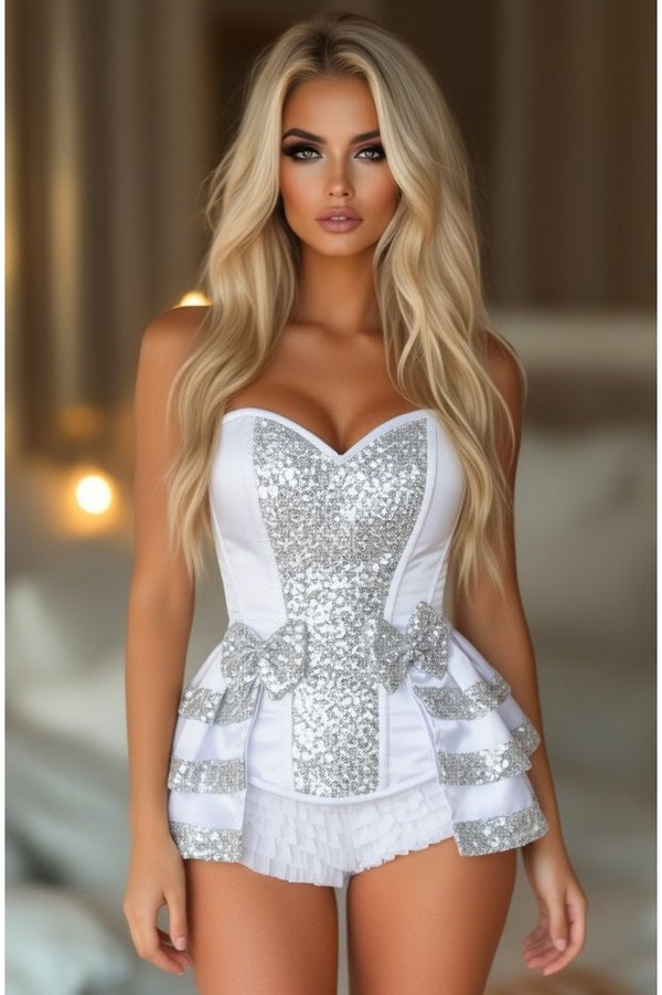 Daisy Corsets LIMITED EDITION Top Drawer White/Silver Satin & Sequin Steel Boned Corset w/Removable Snap Skirt