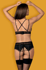 Sensual Lolitte gartered bra set in black lace and velvety fabric, featuring a crossed-back bra, garter belt with lacing, and thong.