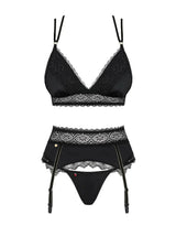 Sensual Lolitte gartered bra set in black, featuring delicate lace, golden adornments, and a tempting thong.