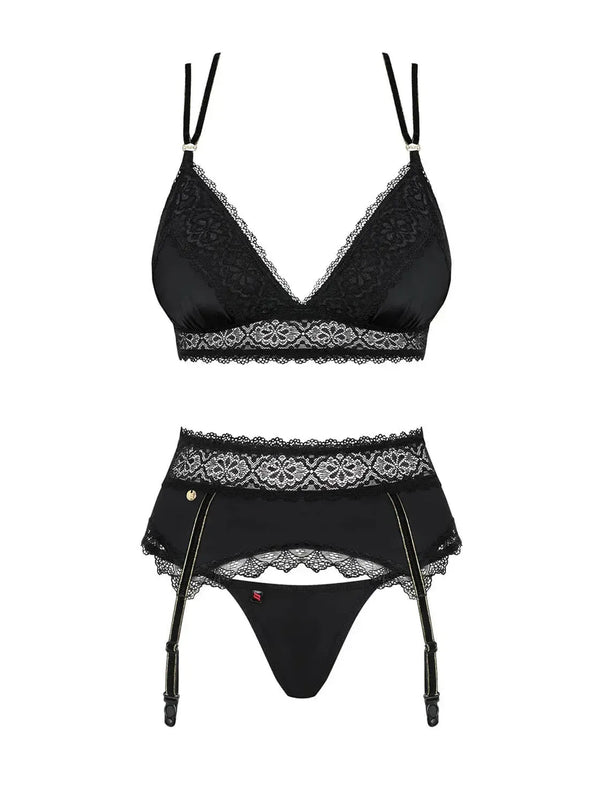 Sensual Lolitte gartered bra set in black, featuring delicate lace, golden adornments, and a tempting thong.