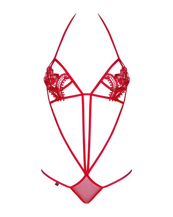 Luiza Teddy Red erotic body with soft flexible strings, flower embroideries on cups, and delicate lacy adornments.