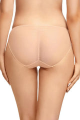 Dita Von Teese Lurex Lace Bikini Panty in Vintage Peach, featuring a ruched center seam and sheer back tulle.