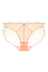 Dita Von Teese Lurex Lace Bikini Panty in vintage peach, featuring fine Leavers lace and sheer back tulle.
