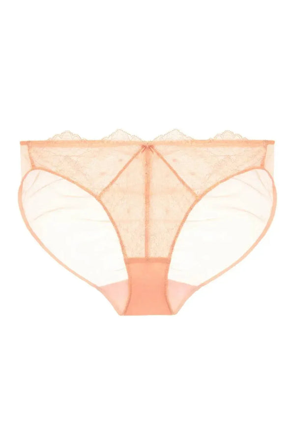 Dita Von Teese Lurex Lace Bikini Panty in vintage peach, featuring fine Leavers lace and sheer back tulle.