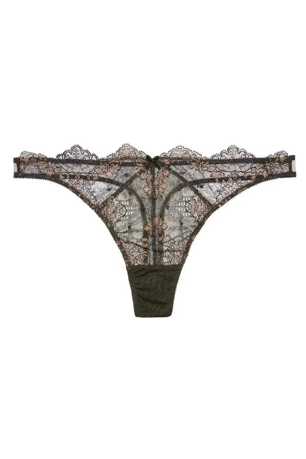 Dita Von Teese Lurex Lace G-String Panty in black, featuring fine Leavers lace with shimmering candescent lurex.