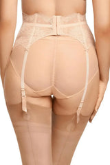 Vintage Peach Lurex Lace high-waisted suspender belt with velvet trim, crystal detail, and adjustable garter straps.